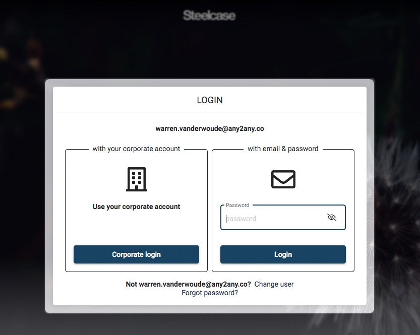 Corporate login screen once email address is entered Corporate login screen